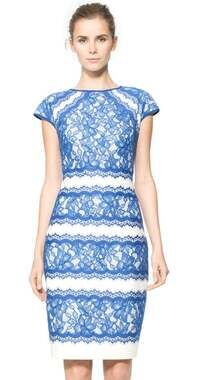 Size 14 Tadashi Shoji New Neoprene Lace Overlay China Blue Snow Cap Sleeve Dress